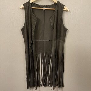 Hotouch Fringe Vest Velour Olive Green  Goblincore Festival Western Size L